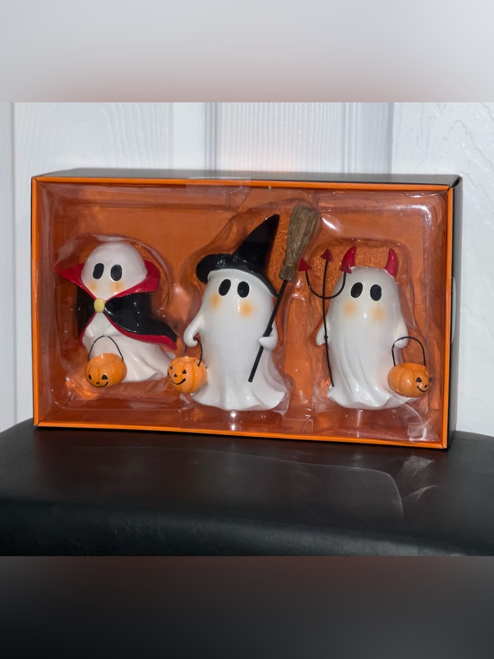 Set of 3 Halloween Ghost Figurines with Pumpkin Buckets